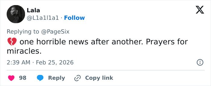Tweet expressing heartbreak and prayers in response to Christina Applegate’s update on her multiple sclerosis battle.