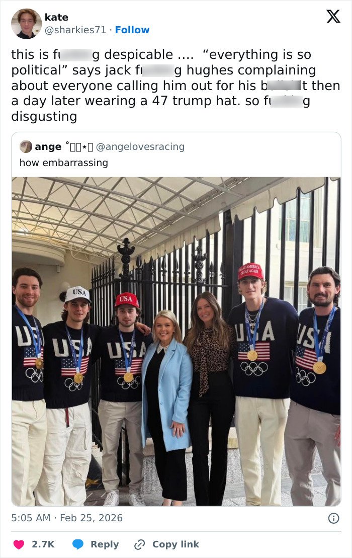 Team USA men's hockey players wearing medals and USA sweaters, with one wearing a political hat at the White House.