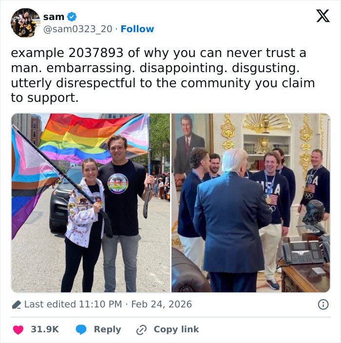 Team USA men's hockey players holding pride flags and interacting at the White House, sparking controversy and public outrage.