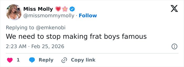 Tweet from user Miss Molly expressing frustration with frat boys being famous, related to Team USA Men's Hockey controversy.