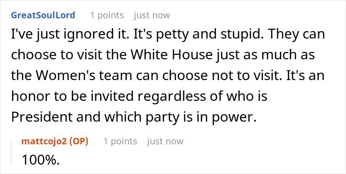 Comment section discussing Team USA Men's Hockey visit to the White House and public reactions online.