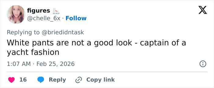 Social media post criticizing Team USA men's hockey White House fashion choice with white pants and yacht captain style.