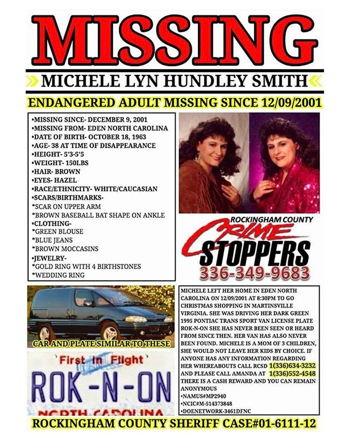 Missing North Carolina mom of three last seen in 2001, details on disappearance and vehicle info included.
