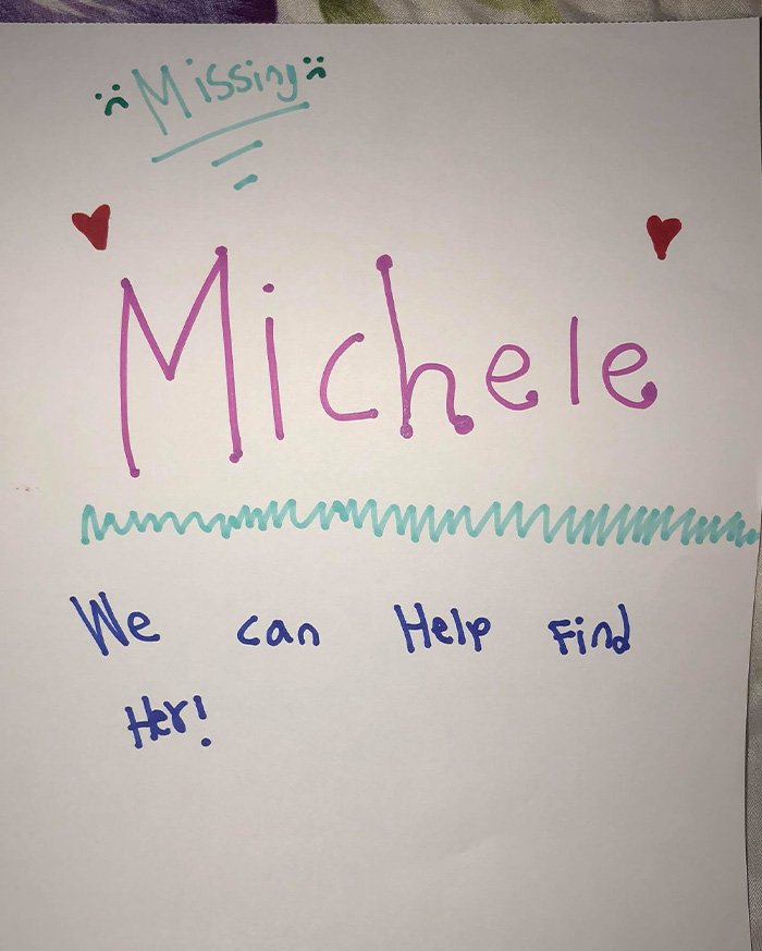 Handmade missing person poster for Michele, a North Carolina mom of three, asking for help to find her.