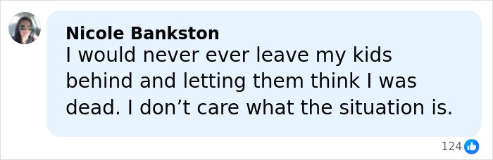 Screenshot of a Facebook comment from Nicole Bankston expressing strong feelings about leaving her kids behind.