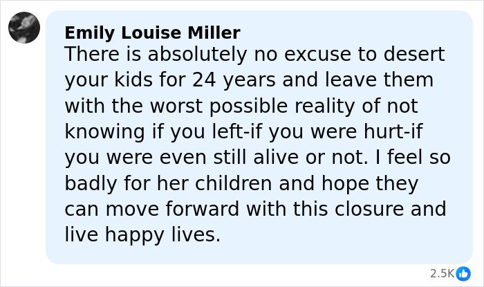 Comment expressing sympathy for North Carolina mom of three who disappeared 24 years ago and her abandoned family’s closure.