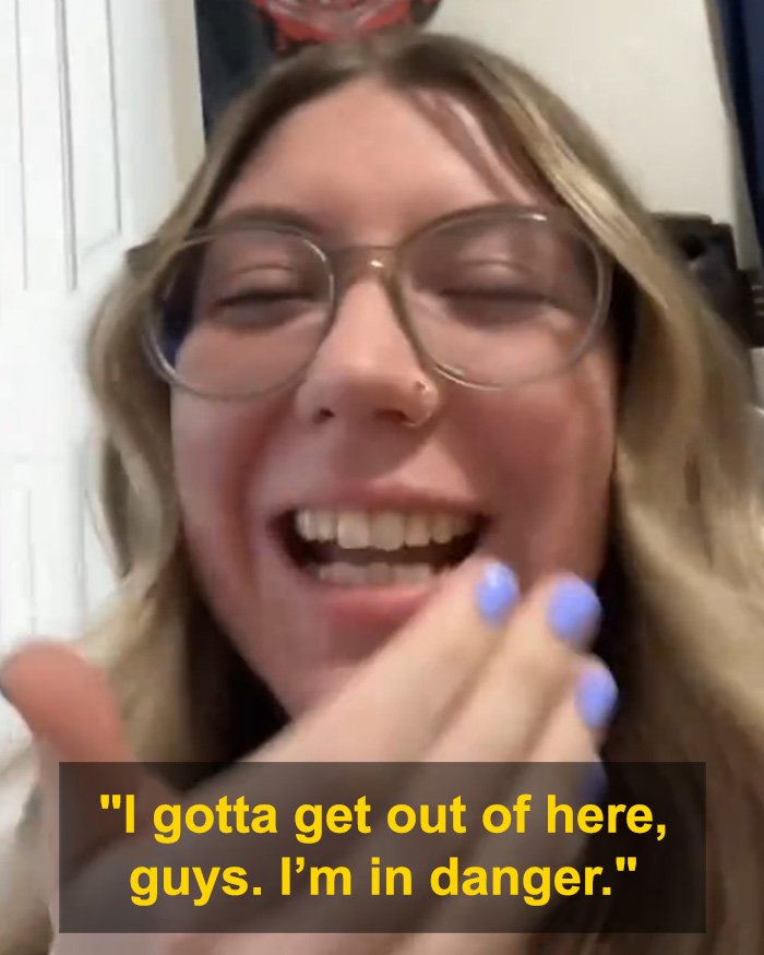 Woman reacting after discovering boyfriend’s YouTube history, realizing she must escape and is in danger.