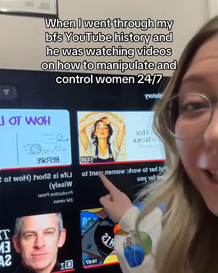 Woman shocked discovering boyfriend’s YouTube history with videos about manipulating and controlling women 24/7.