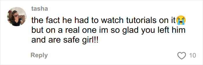 Alt text: Woman expresses relief after discovering boyfriend’s YouTube history and realizing she must escape for her safety.