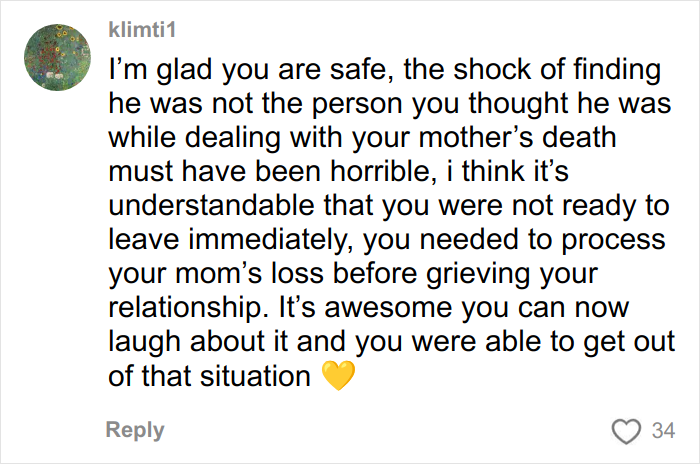Comment expressing relief and support after a woman discovers boyfriend’s YouTube history and escapes danger.