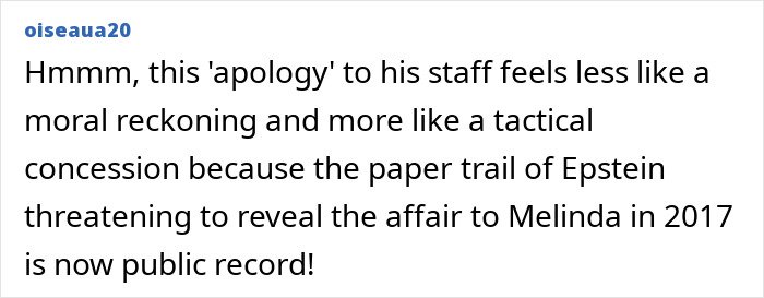 Screenshot of a comment discussing Bill Gates' apology amid Epstein scandal and mentions of affairs with two Russians.