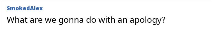 Comment text on a white background by user SmokedAlex asking about an apology related to Bill Gates Epstein scandal.