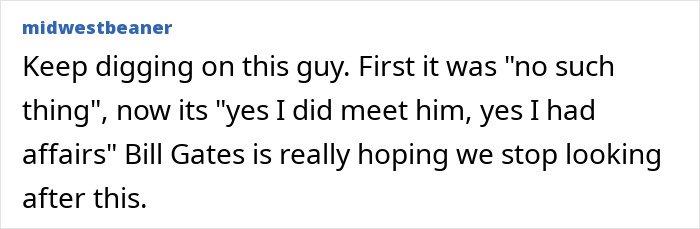 Text post by user midwestbeaner discussing Bill Gates admitting to affairs amid Epstein scandal.