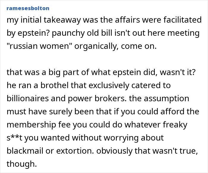 Comment discussing Bill Gates affairs with Russians linked to Epstein scandal and allegations of facilitated encounters.
