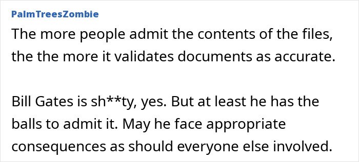 Comment discussing Bill Gates admitting affairs amid Epstein scandal and calling for appropriate consequences.