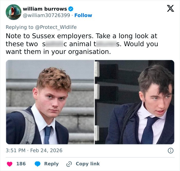 Two students involved in violent attack and blowing up sheep with fireworks pictured outside a building in formal attire.