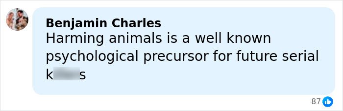 Comment from Benjamin Charles about harming animals as a psychological precursor to future serial killers on social media post.