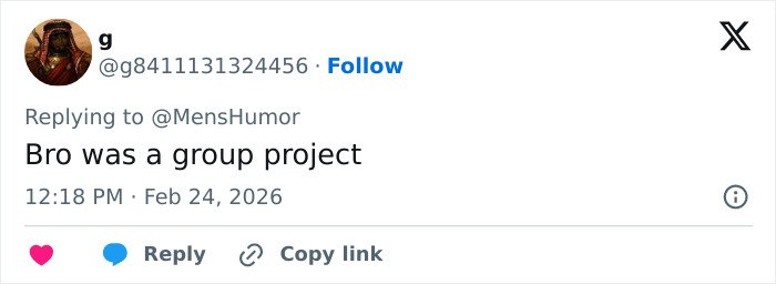 Tweet reply saying Bro was a group project, posted by a participant in Bonnie Blue’s 400-Men Challenge.