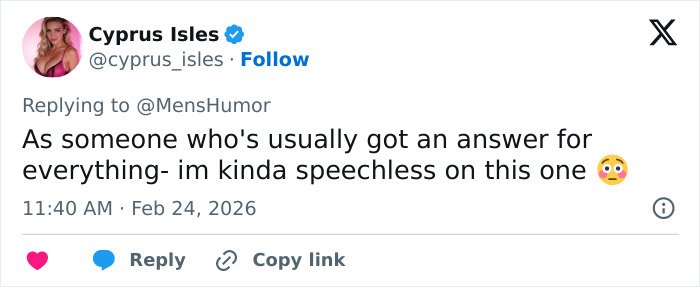 Tweet from Cyprus Isles about speechless reaction, relating to participant from Bonnie Blue’s 400‑Men Challenge insights.