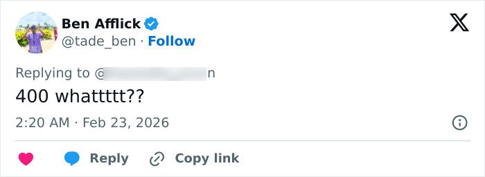 Screenshot of a Twitter reply from participant in Bonnie Blue’s 400-Men Challenge expressing surprise with 400 whattttt??