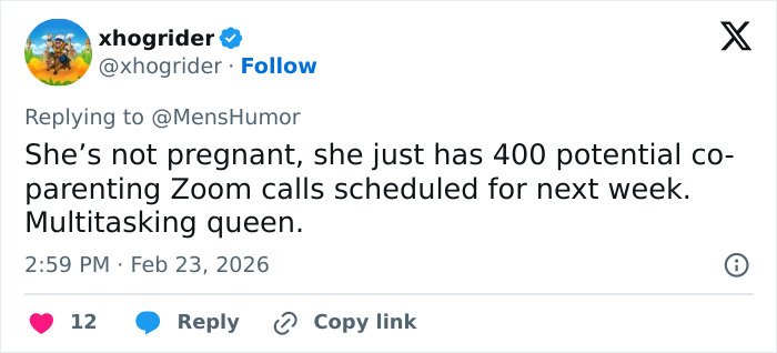 Tweet from participant in Bonnie Blue’s 400-Men Challenge sharing behind-the-scenes insight with a humorous tone on Zoom calls.
