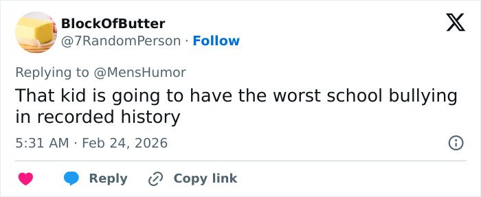 Tweet from BlockOfButter sharing thoughts on school bullying, part of Bonnie Blue’s 400-Men Challenge revelations.
