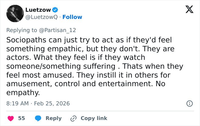 Tweet by Luetzow explaining how sociopaths fake empathy and feel amusement from others’ suffering, no real empathy shown.