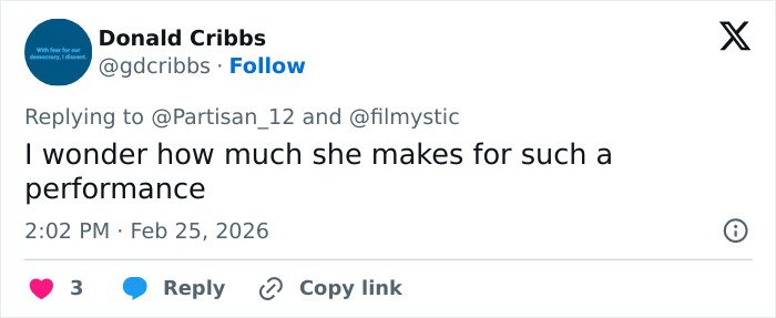 Tweet by Donald Cribbs questioning earnings for a performance, related to Erika Kirk going viral after State of the Union mention.