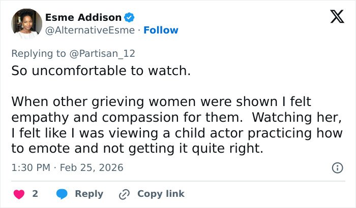 Tweet from Esme Addison commenting on Erika Kirk going viral for what she mouthed during Trump’s State of the Union mention.