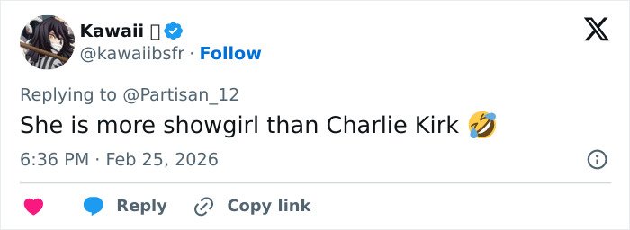 Tweet by user Kawaii, replying about Erika Kirk going viral for what she mouthed during Trump’s State of the Union mention.
