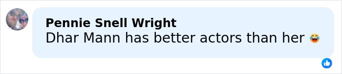 Facebook comment by Pennie Snell Wright saying Dhar Mann has better actors than her with a laughing emoji.