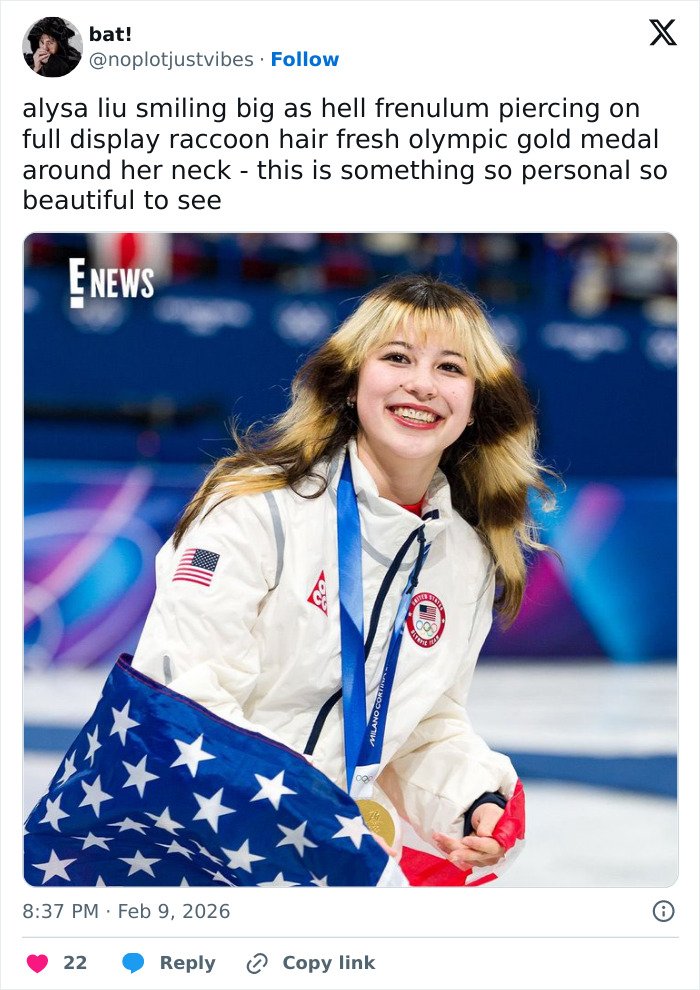 Alysa Liu smiling with Olympic gold medal and USA flag, health experts caution fans eager to copy viral look.