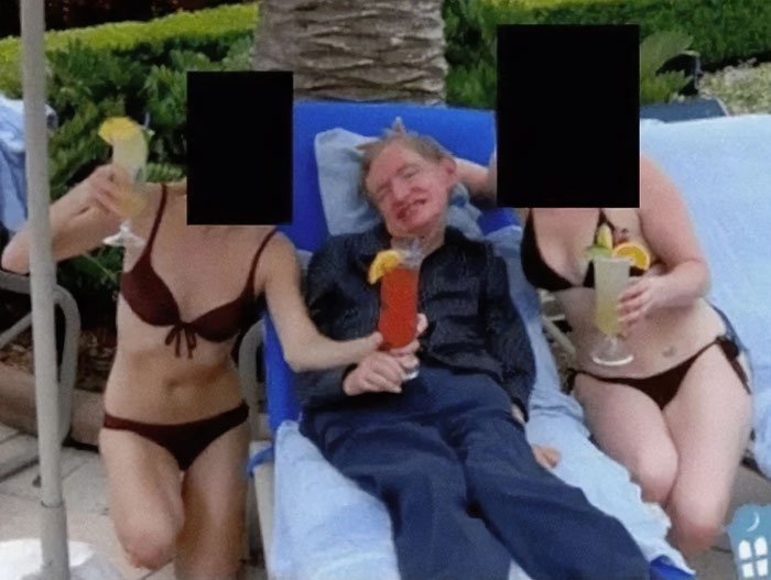 Stephen Hawking with two women in bikinis holding drinks by a pool, linked to family&rsquo;s explanation in Epstein files.
