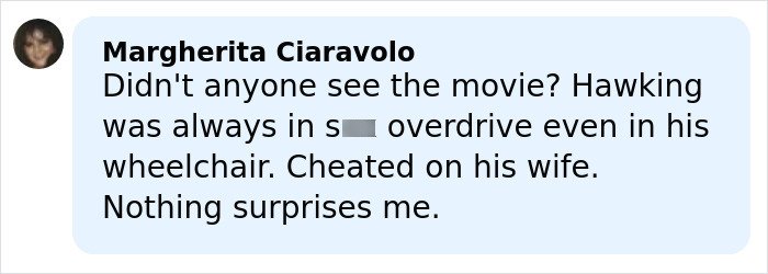 User comment criticizing Stephen Hawking, sparking comic reactions about Epstein files and family explanations.