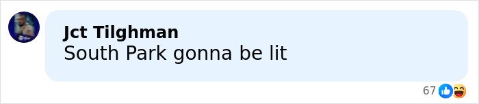 Comment by Jct Tilghman saying South Park gonna be lit with reaction icons beneath the text, related to Stephen Hawking's family's explanation for raunchy pics in Epstein files.