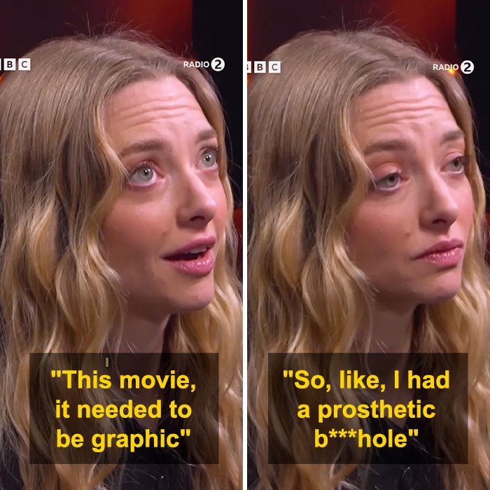 Amanda Seyfried discussing the bizarre prosthetic she wore for a graphic scene in a recent film during a BBC Radio 2 interview.