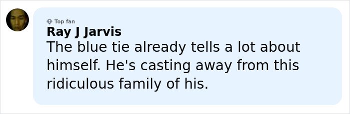 Comment by Ray J Jarvis discussing a blue tie and family dynamics in a social media thread about a lip reader claim.