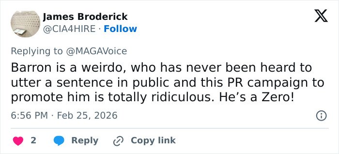 Screenshot of a tweet discussing Barron’s public silence and a PR campaign amid claims of rude words told to Ivanka.