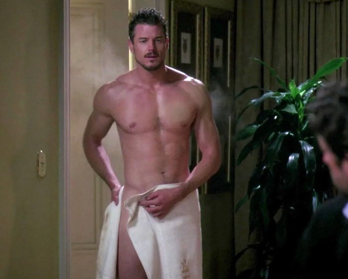 Eric Dane shirtless, holding a towel, depicting a scene reflecting his scandalous lifestyle and downward spiral.