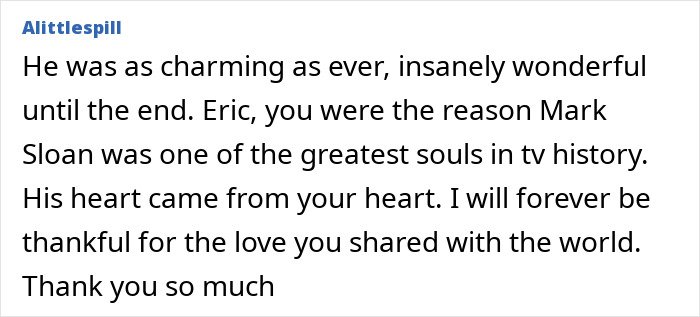 Screenshot of a heartfelt comment about Eric Dane’s scandalous lifestyle and the impact of his downward spiral on friends.