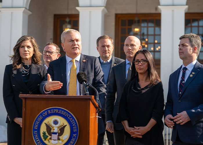 Group of representatives at a podium outside Congress discussing Hillary Clinton Epstein claim about Trump and refusing to defend Bill