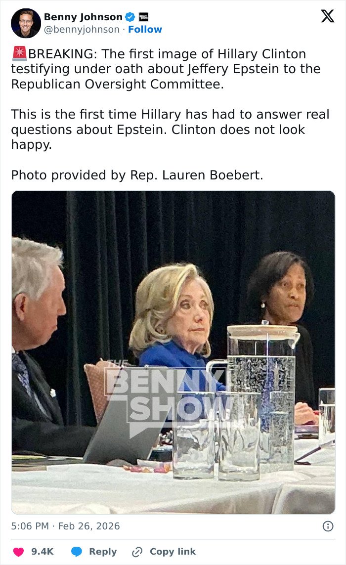 Hillary Clinton testifying about Jeffrey Epstein, appearing serious during a Republican Oversight Committee hearing.