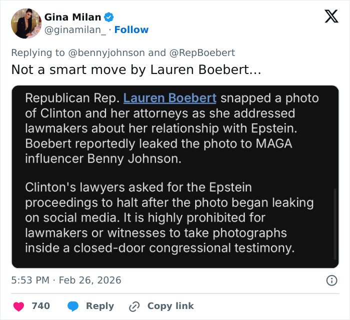 Tweet by Gina Milan discussing Lauren Boebert leaking a photo of Hillary Clinton and lawyers in Epstein congressional testimony.