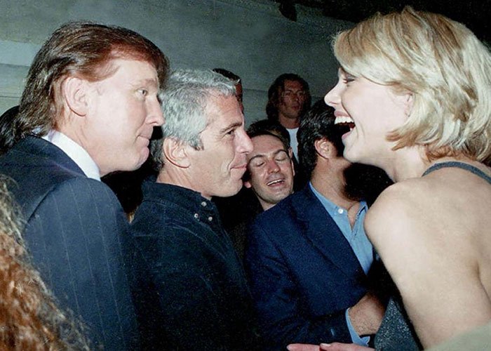Donald Trump and Jeffrey Epstein talking in a social setting, related to Epstein investigation and Ghislaine controversy.