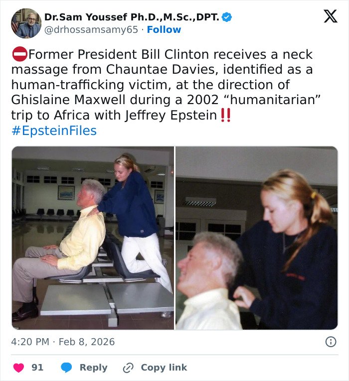 Former President Bill Clinton receives neck massage from human-trafficking victim linked to Epstein trip in 2002.