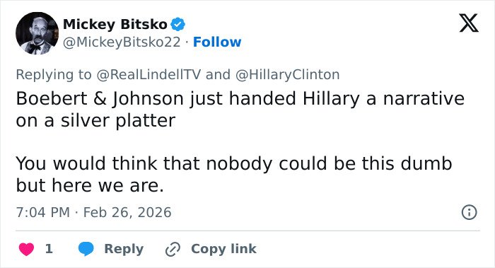 Tweet discussing Hillary Clinton's jaw-dropping Epstein claim about Trump amid Congress clash over Bill Clinton.