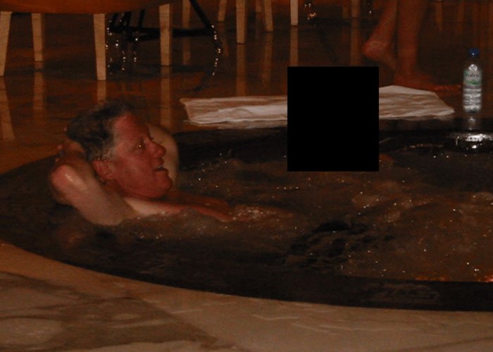 Man relaxing in a hot tub with blurred area, related to Hillary Clinton's jaw-dropping Epstein claim about Trump controversy.