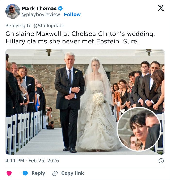 Ghislaine Maxwell at Chelsea Clinton's wedding with Hillary Clinton Epstein claim about Trump referenced.