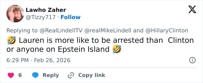 Tweet by Lawho Zaher discussing arrest likelihood related to Epstein Island, referencing Clinton and Lauren with laughing emojis.