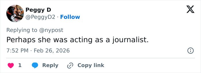 Tweet by Peggy D replying to @nypost, commenting perhaps she was acting as a journalist in a political discussion about Clinton and Epstein claims.